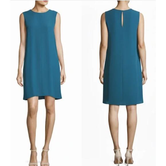 EILEEN FISHER Round Neck Swing Dress Tencel Viscose Crepe Sleeveless Nile Blue L - Picture 4 of 9
